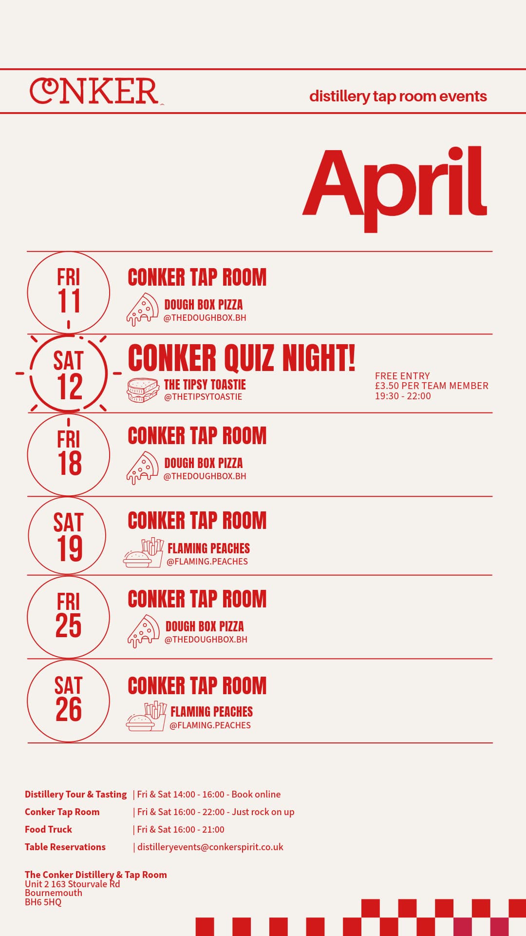 Tap Room Events Calendar April 2025