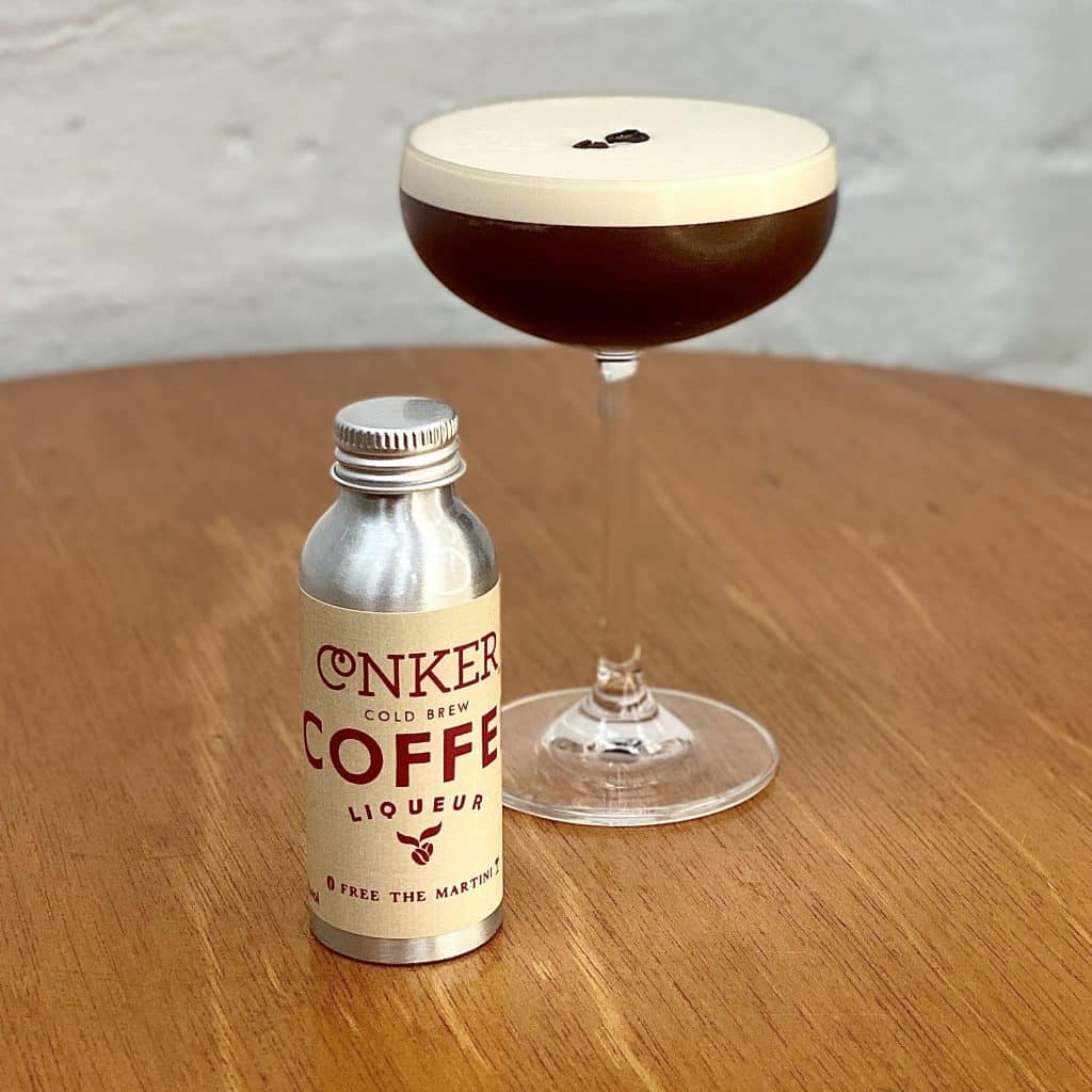 Conker Coffee Liqueur 100ml taster bottles and an espresso martini.